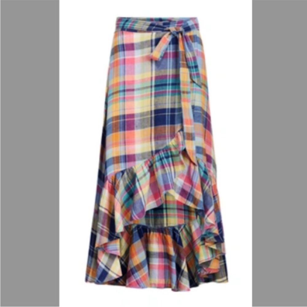 Ralph Lauren Madras Linen Ruffle Wrap Skirt In Blue/ Yellow